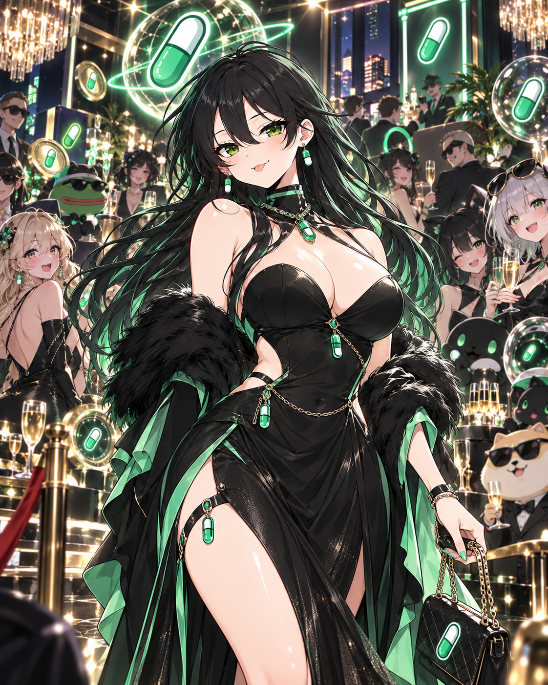 Pumpfun-Chan arriving at an elegant capsule gala in a black gown