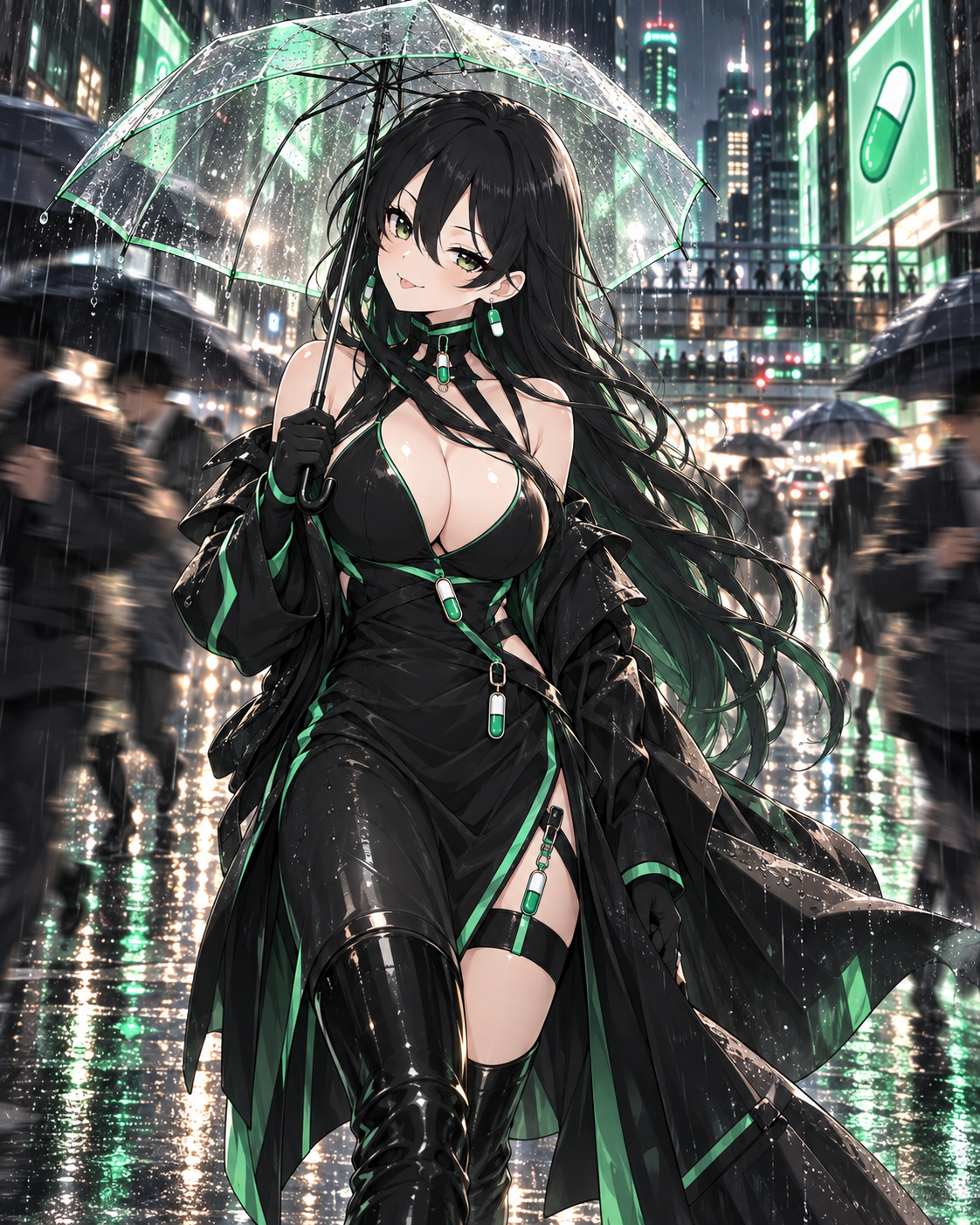 Pumpfun-Chan beneath a clear umbrella on a rain-lit city street