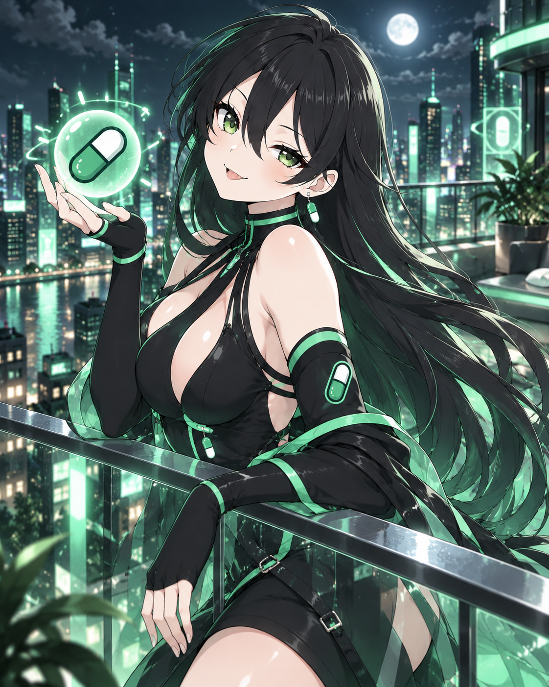 Pumpfun-Chan holding a glowing capsule above a moonlit city