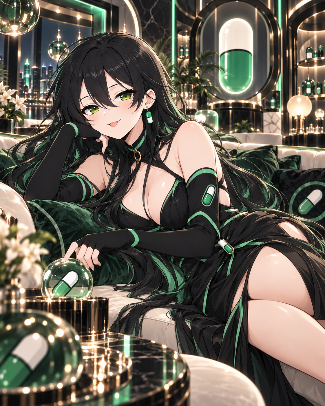 Pumpfun-Chan relaxing in a luxurious capsule-themed lounge