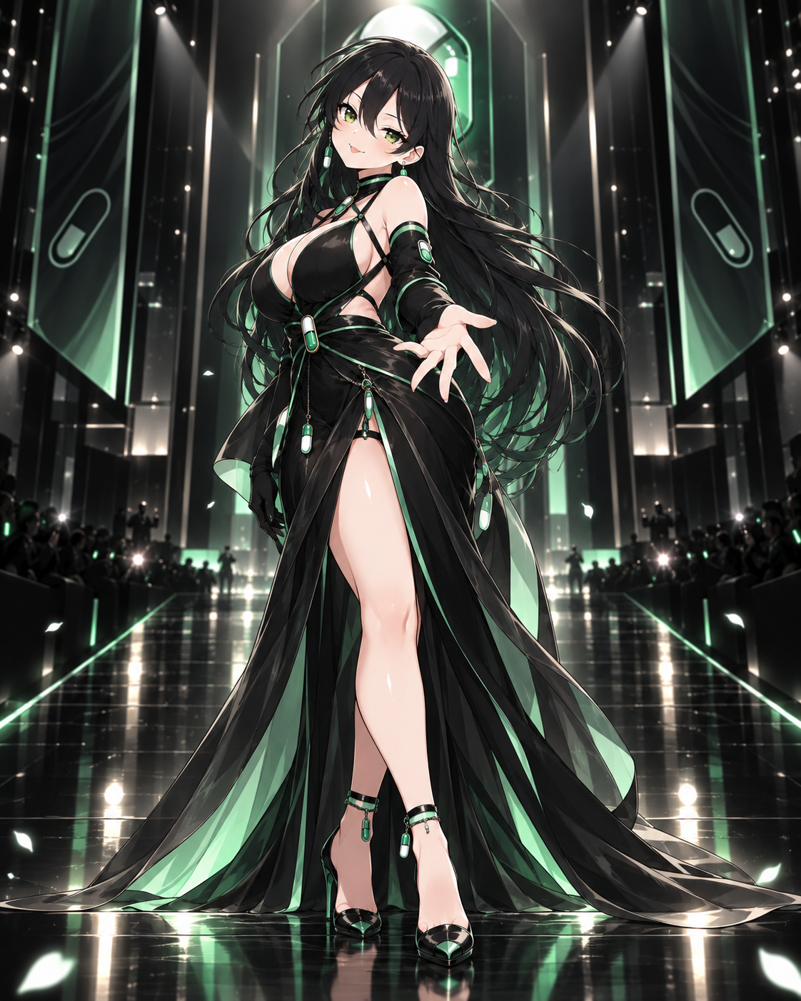 Pumpfun-Chan reaching toward the crowd on a luminous runway
