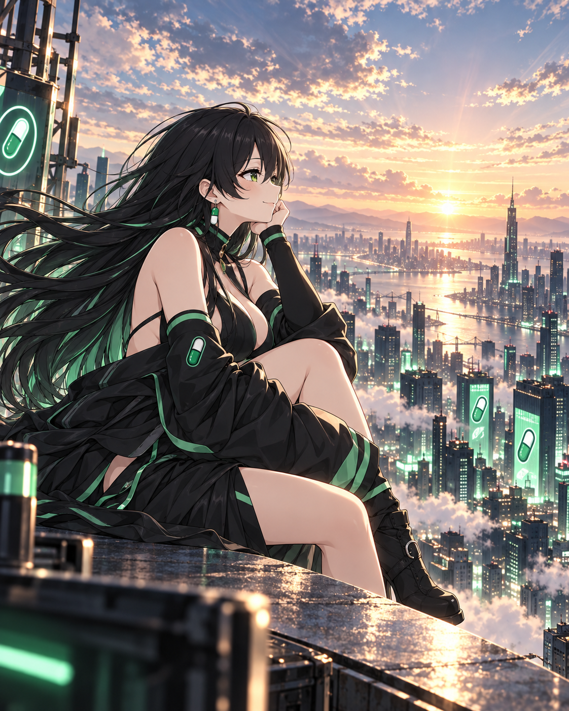 Pumpfun-Chan watching sunrise over a capsule-lit city skyline