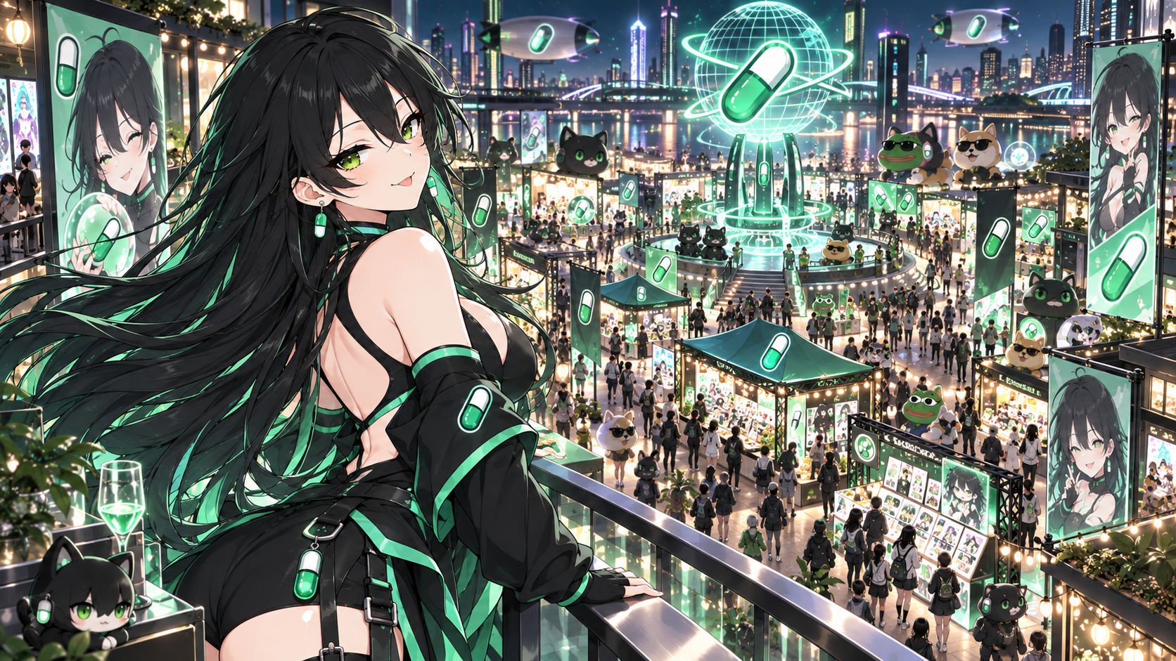 Pumpfun-Chan overlooking a crowded capsule festival beside the city skyline