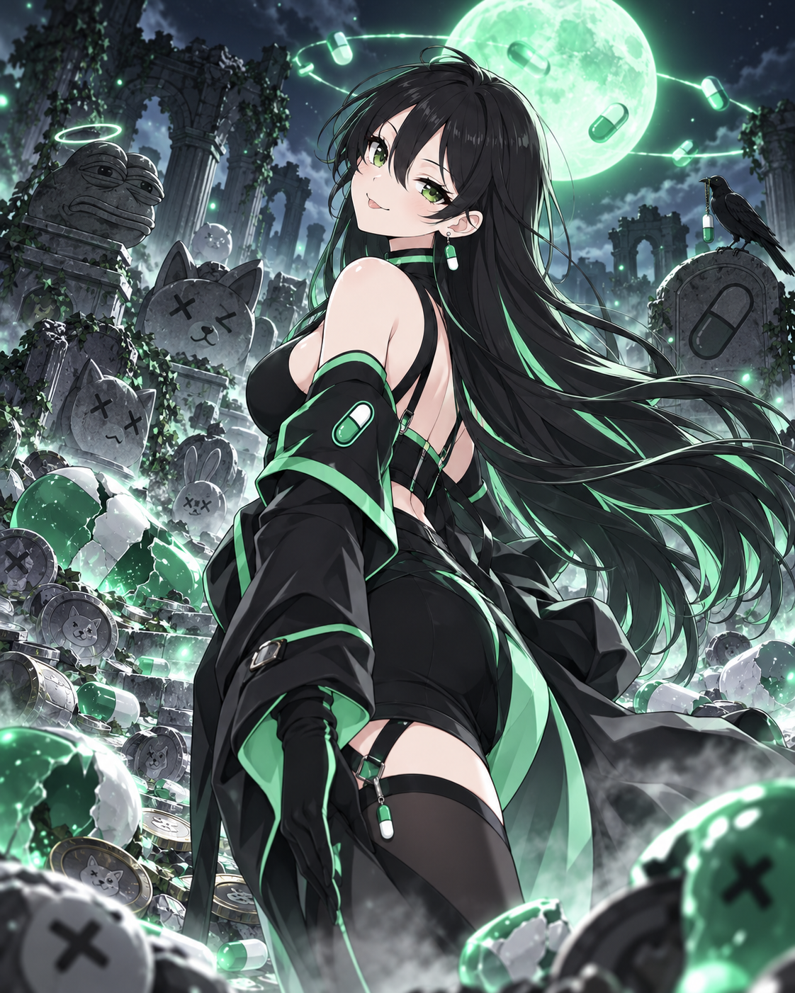Pumpfun-Chan in moonlit ruins surrounded by capsule relics