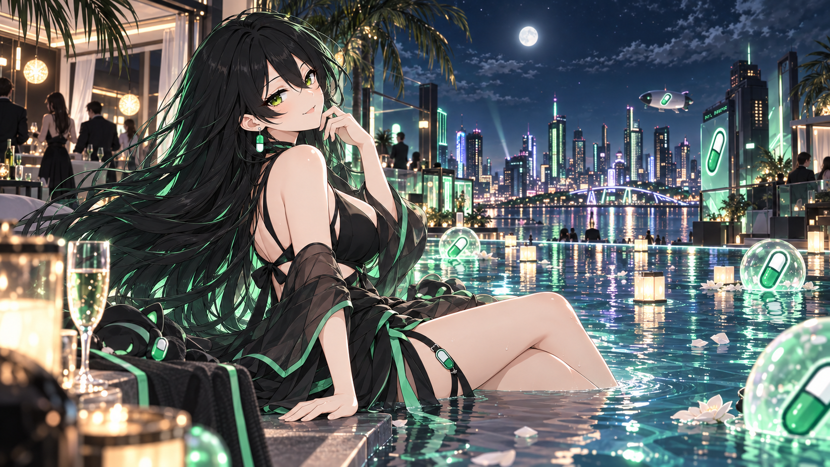 Pumpfun-Chan relaxing beside a moonlit rooftop pool