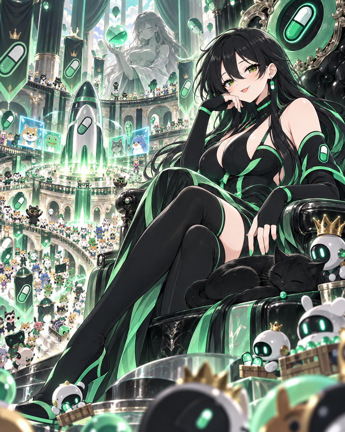 Pumpfun-Chan presiding over a grand hall filled with capsule mascots