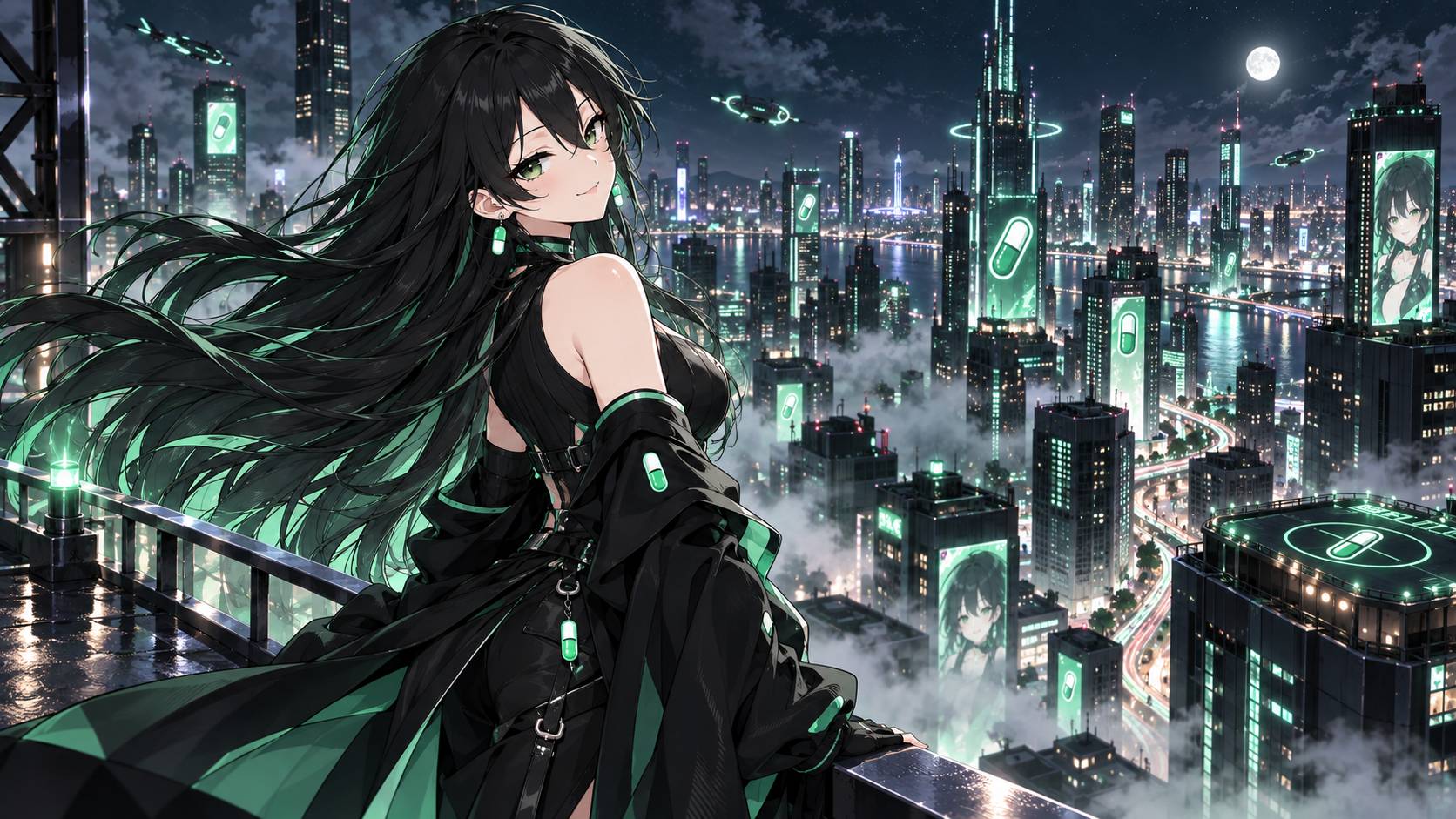 Pumpfun-Chan overlooking a moonlit capsule city from a rooftop