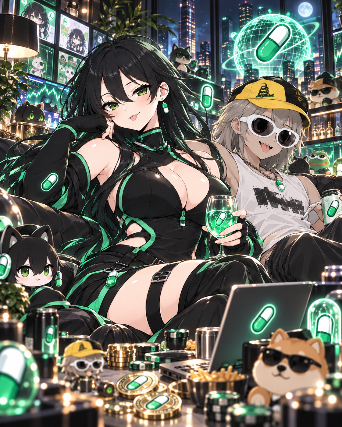 Pumpfun-Chan relaxing with a friend in a neon-lit trading lounge