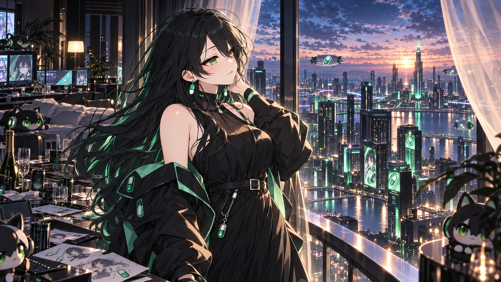 Pumpfun-Chan watching sunrise from her capsule-lit penthouse