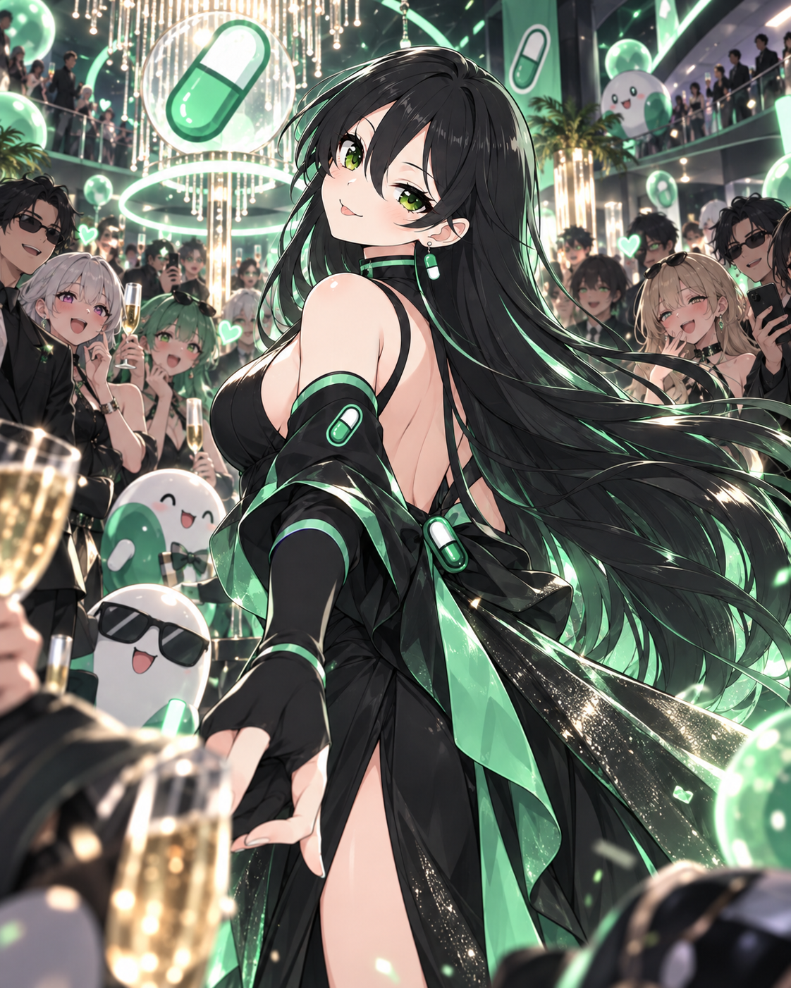 Pumpfun-Chan celebrating among friends at a sparkling capsule party