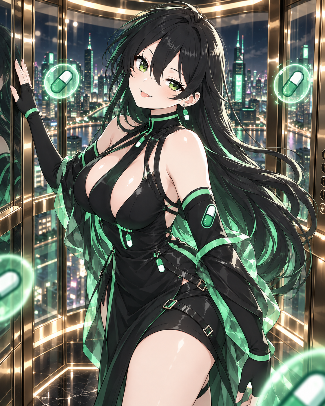 Pumpfun-Chan in a gold-trimmed elevator overlooking the city