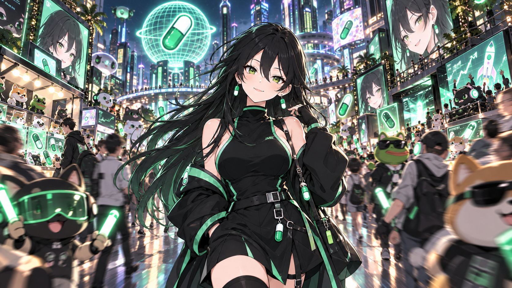 Pumpfun-Chan walking through a packed neon capsule district